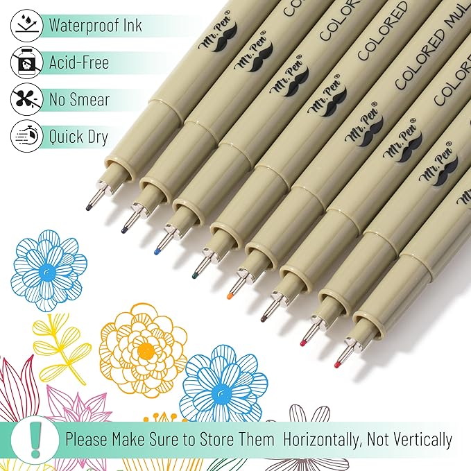 Mr. Pen- 0.5mm Micro Fine Point Pens, 8 Pack, Colorful Ink, Waterproof, Acid-Free, No-Smear Quick-Dry Fineliner Pens for Drawing, Sketching, Bible Journaling, Outlines & Everyday Writing