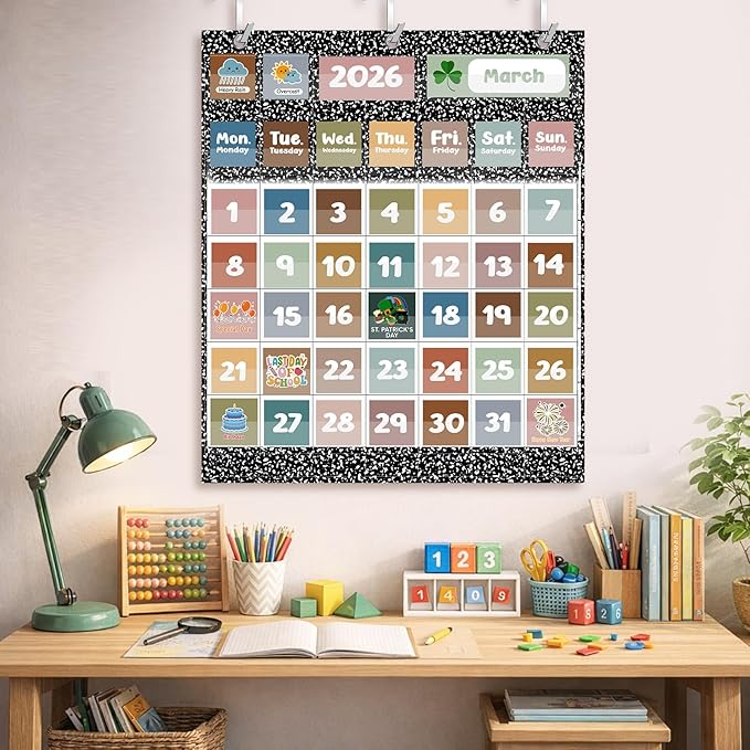 Tinlade Classroom Calendar Pocket Chart Set with 115 Cards 24 x 28 Inch Modern Minimalist Calendar Bulletin Board Pocket 2026–2033 Festival Weather Teacher Supplies for Classroom Wall Decoration