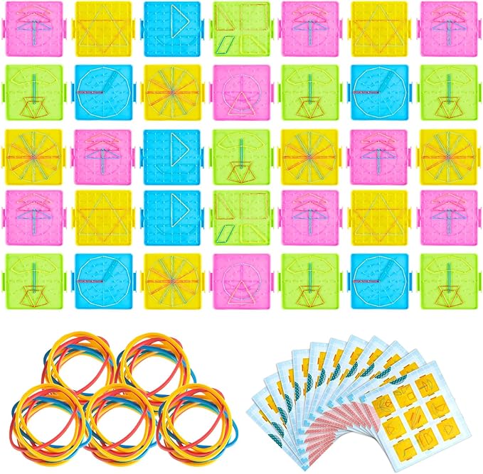 Deekin 36pcs Double Sided Geoboard Mathematical Kids Geoboards with Rubber Bands Math Manipulatives Toy for Geometry, 6.9 x 6.3 Inches Classroom Back to School