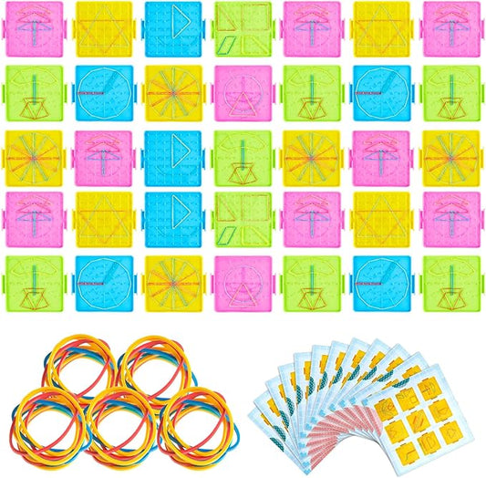 Deekin 36pcs Double Sided Geoboard Mathematical Kids Geoboards with Rubber Bands Math Manipulatives Toy for Geometry, 6.9 x 6.3 Inches Classroom Back to School