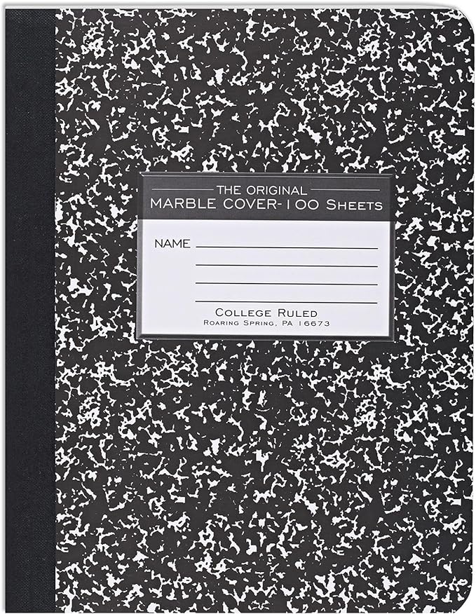 ROARING SPRING Hard Cover Composition Notebook, Black Marble Comp Book, 9.75″ x 7.5″, College-Ruled with Margin, 100 Sheets (200 Pages), Made in USA