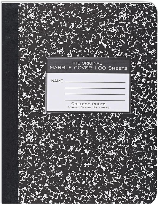 ROARING SPRING Hard Cover Composition Notebook, Black Marble Comp Book, 9.75″ x 7.5″, College-Ruled with Margin, 100 Sheets (200 Pages), Made in USA