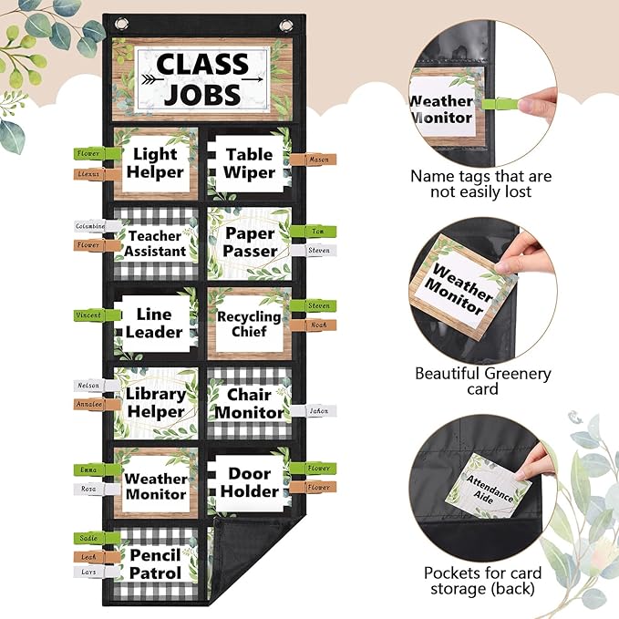 Pasimy Plant Class Jobs Pocket Chart Class Helpers Pocket Chart Classroom Jobs Cards with Clips and Hooks Teacher's Helper Bulletin Board Set for Back to School Classroom Teacher Supplies