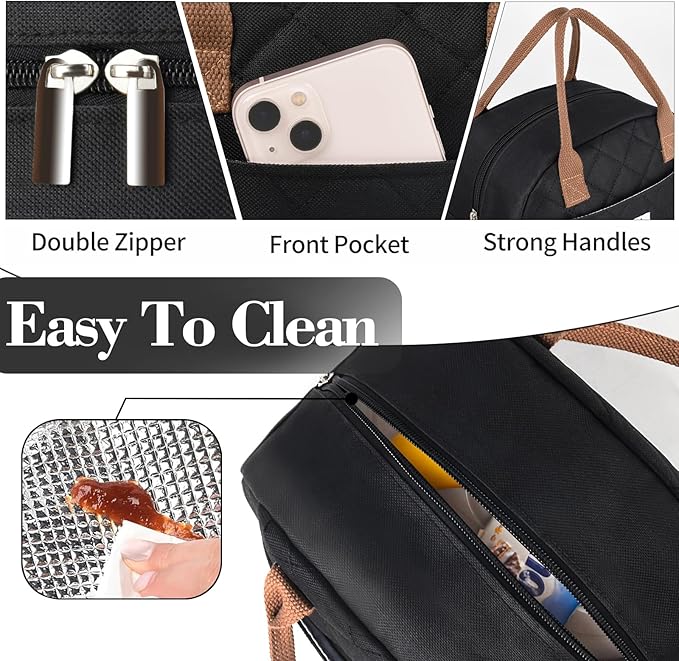 CaCTOUR Lunch Bag Women,Insulated Quilted Lunch Bag, Small Portable Cute Lunch Box,Cooler Bag Reusable Lunch Tote for Work/Travel/Picnic (Black)