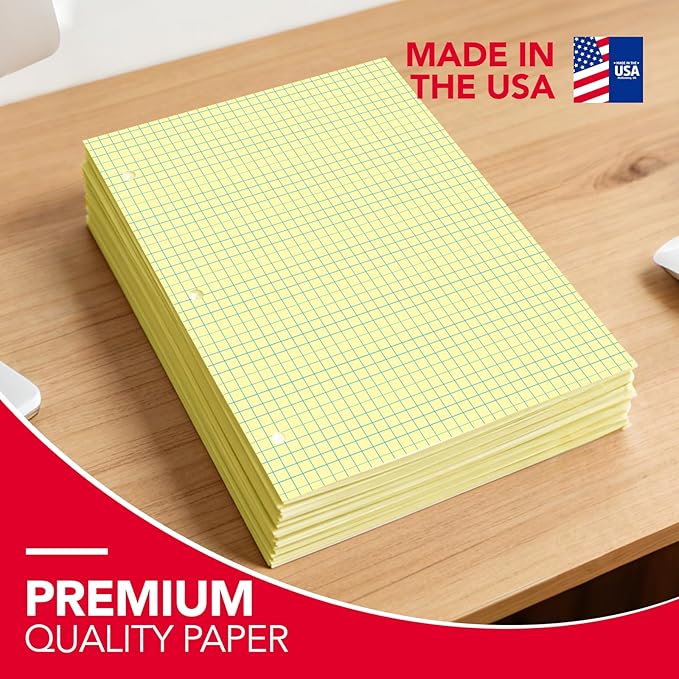 KAISA Loose Leaf Notebook Paper, 4x4 Quad Graph Ruled, 300 Sheets Per Lined Paper, 8" x 10.5", 3 Hole Punched for 3 Ring Binder, Canary, Made In USA