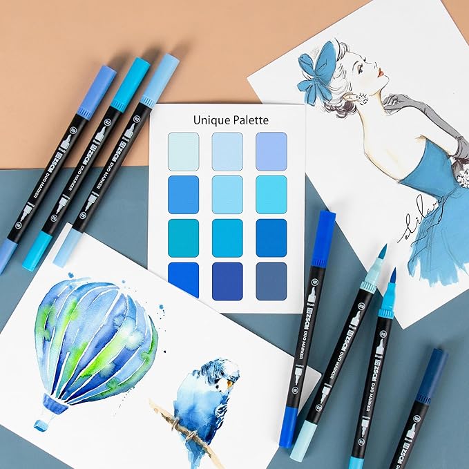 ZSCM Blue Duo Tip Marker Pens, 12 Pack Fine & Brush Markers for Adult Coloring Books No Bleeding, Ocean Blue Markers for Sky & Sea Landscapes, Water Effects, Calming Mandalas and Journaling