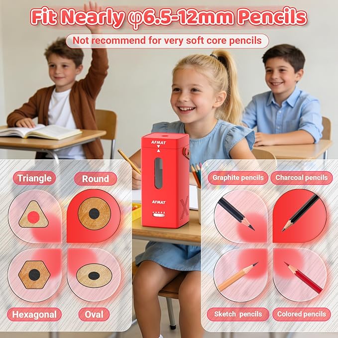 AFMAT Electric Pencil Sharpener, Fully Automatic Pencil Sharpener, Auto in & Out, Rechargeable Hands-Free Sharpeners for Jumbo & Colored Pencils (6.5-12mm), Portable for Home/Classroom/Office PSC6