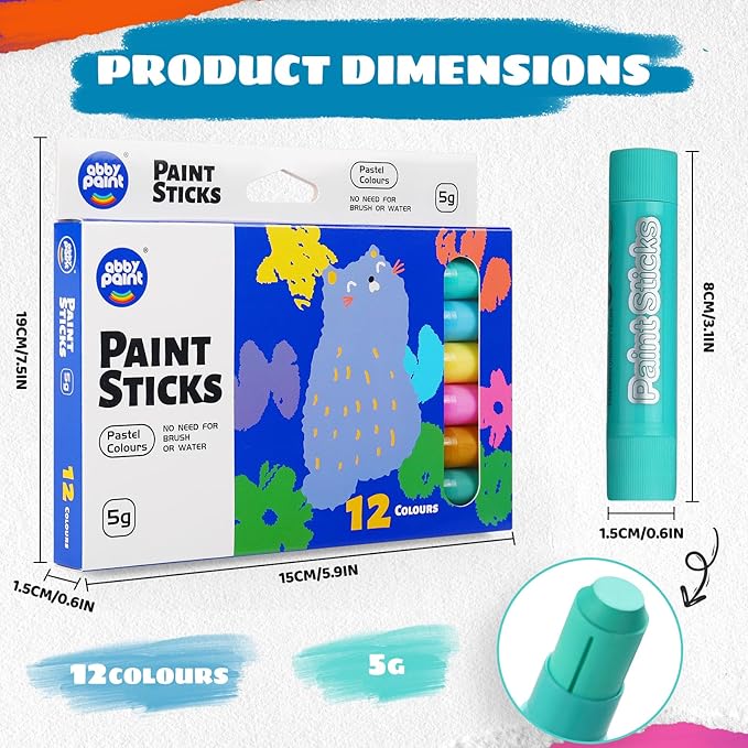 12 Pastel Colors Tempera Paint Sticks - Washable & Quick-Drying Art Supplies for Kids, Non-Toxic Mess-Free Crafting on Paper, Wood & Glass