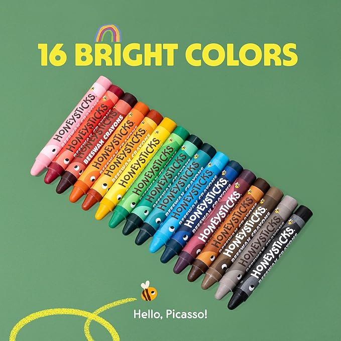 Honeysticks Jumbo Crayons (16 Pack) - Non Toxic Crayons - 100% Pure Beeswax and Food Grade Colors - 16 Bright Colors - Large, Easy to Hold and Use - Preschool Art Supplies for Toddlers/Kids 3-5, 4-8