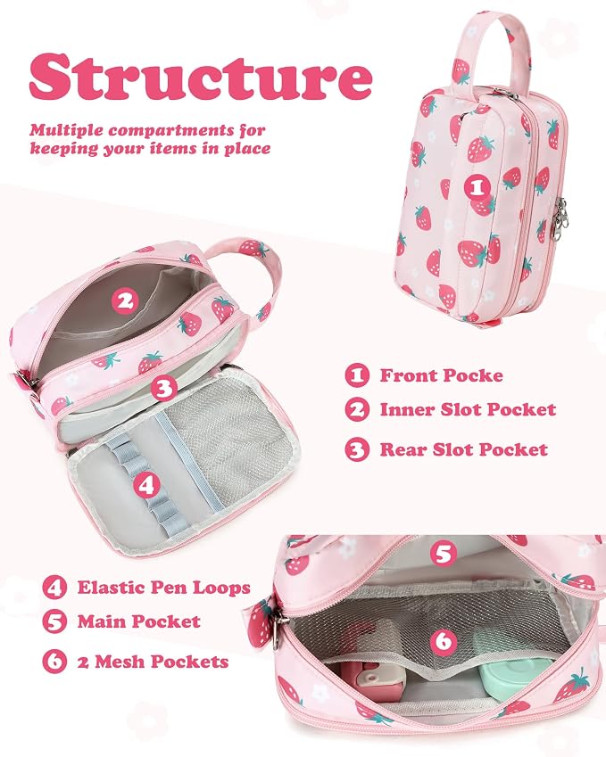 CAMTOP Cute Pencil Case for Girls, Large Capacity Pencil Pouch with 3 Compartments Pen Organizer Pink Kawaii Pencil Box Bag for School Travel Gifts