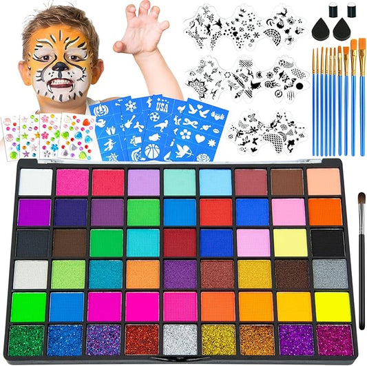 Professional Face Painting Kit for Kids – 54 Color Water Activated Facepaint Makeup Kit, Non-Toxic face Paint with Stencils, Gems, Brushes– for Halloween, Parties, Carnival, School Event & Festivals