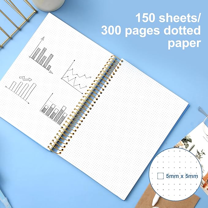 Yoment Spiral Bullet Dotted Journal Large Hardcover Spiral Notebook 8"x10" Dot Grid Notebook 300 Pages Thick Dotted Paper Wire Bound Spiral Notebooks for Office Business School,Blue