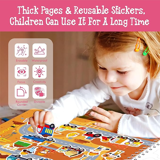 Sticker Activity Book, 690 Reusable Stickers, 15 Dry-Erase Scenes & 16 Fun Games, Side By Side Vehicle-Themed Activity Book, Educational Hands-on Travel Game - Great for Toddlers, Kids, Boys & Girls