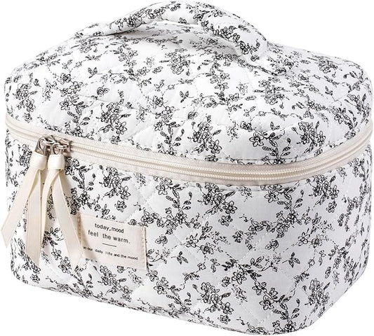 uekeboag Large Travel Quilted Makeup Bag for Women | Soft Floral Cotton Cosmetic Bag, Foldable Coquette Aesthetic Toiletry Organizer