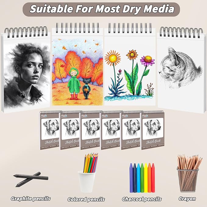 6 Pcs Sketchbook Bulk 9 x 12 In 600 Sheets Top Spiral Bound Sketch Pad Drawing Paper 100 Sheets Each Acid Free Mixed Media Sketch Book 68lb/100gsm Art Supplies for Beginner Artist