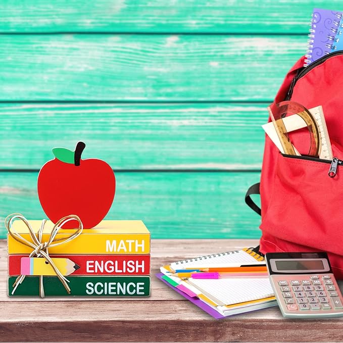 Pinkunn 4 Pcs Back to School Table Decorations, Wooden Apple Centerpiece Stacks Books Block Sign Apple Tiered Tray Decor for First Day of School Tabletop Teachers Gift for Office Classroom Desk Shelf