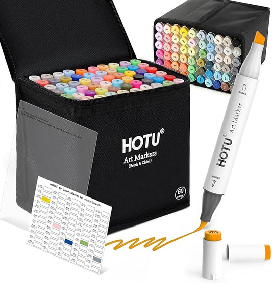 HOTU Alcohol Markers Brush Tip and Chisel Tip：60-Color Double Tipped Art Marker Set for Artist Adults Cozy Coloring books-with Seamless Blending- Brush and Chisel Dual Tips- CPC Certificated