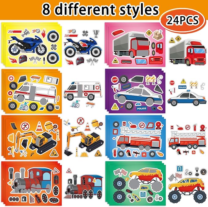 24 Sheets 8.27''×5.9'' Make Your Own Vehicle Stickers for Kids Toddlers, Make a Face Stickers for Kids Party Favors Activities
