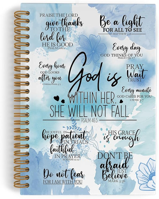 QLMX Blue Christian Spiral Notebook, God Is Within Her She Will Not Fall Journal Notebook, Bible Verse Notebooks for School Work, Inspirational Religious Office Supplies Gifts, 5.5x8.3Inch