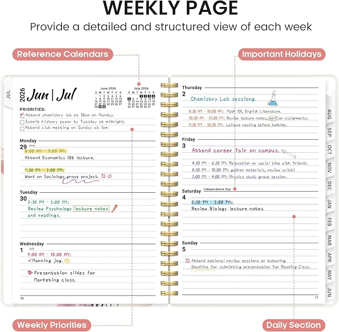 Planner 2026-2027, Academic Monthly and Weekly Calendar Planner for Women, July 2026 - June 2027, Hardcover Pretty Agenda Planner Book with Tabs, Spiral Daily Organizer for School Office Home Supplies, 6.3" x 8.5" - Painted Bloom