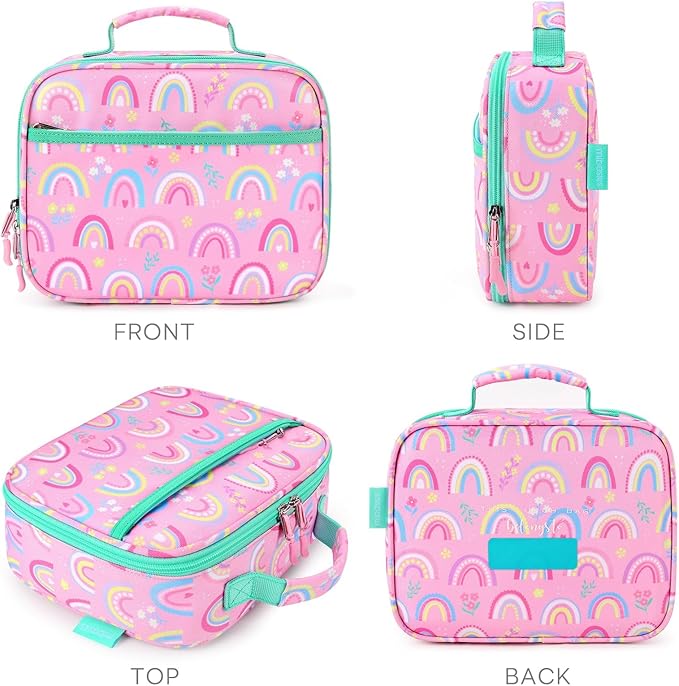 mibasies Kids Lunch Box for Girls Toddler, Insulated and Reusable Lunch Bag for School, Pink Rainbow