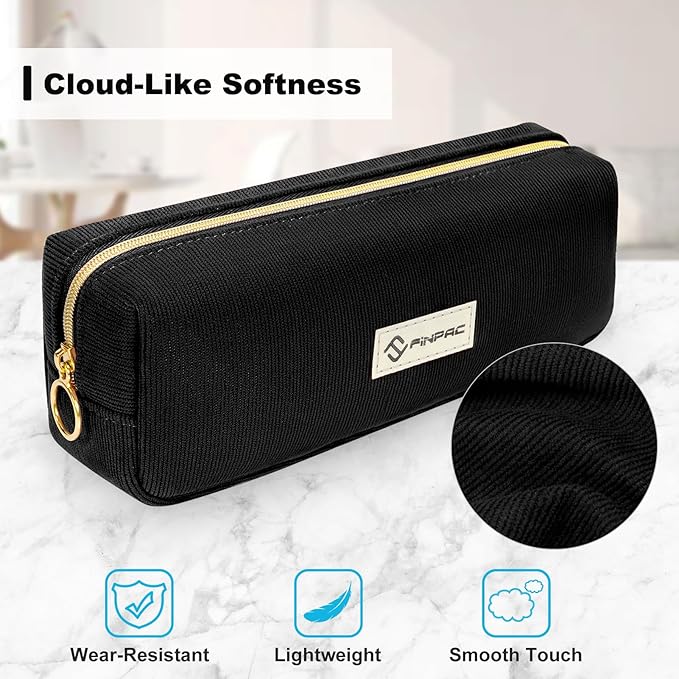 FINPAC Pencil Case, Corduroy Aesthetic Makeup Bag, Cute Kawaii Pen Bag Pouch Holder Box Organize for Study, Office, or Travel (Black)