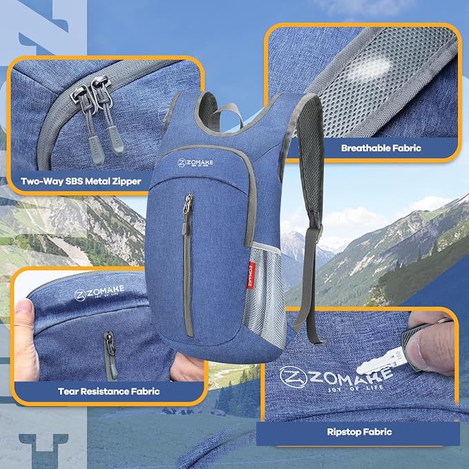 ZOMAKE 10L Ultra Lightweight Packable Backpack, Small Daypack Light Foldable Backpacks Water Resistant Day Bag for Hiking(Dark Blue) | Water Resistant Collapsible Backpacks for Women Men, Everyday Carry, Multi Compartment Storage,Adjustable Strap(Dark ...