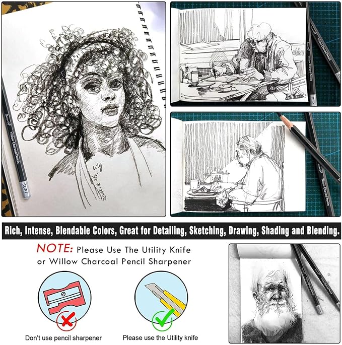 Brusarth Professional Charcoal Pencils Drawing Set - 8 Pieces Soft Medium and Hard Willow Charcoal Pencils for Drawing, Sketching, Shading