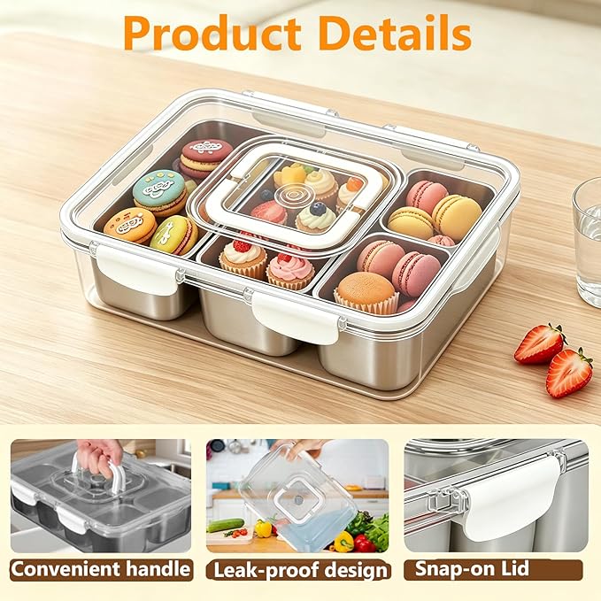 Snackle Box Container, Stainless Steel Snack Box with 3 Large Compartments, Dishwasher Safety Snack Tray with Lid and Handle, Divided Serving Tray for Travel, Picnic, Beach, Pool and Parties