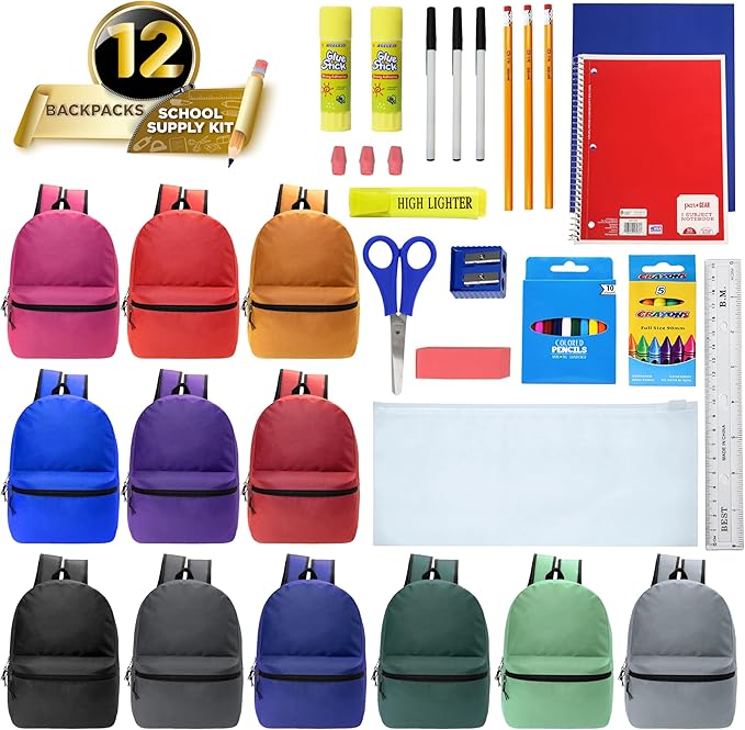 Moda West 17 Inch Bulk Backpacks with 34 Piece School Supplies Kits - Pens, Pencils, Crayons - Case of 12 Wholesale Backpacks in 12 Assorted Colors