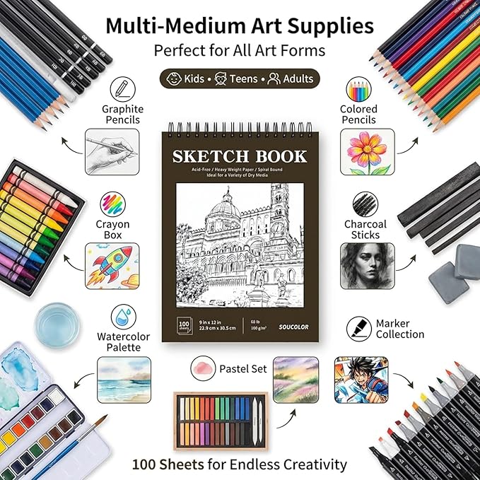 Soucolor Artist 9x12 Sketch Book Set, 4 Pack 100-Sheet Spiral Drawing Pads (68lb/100gsm) | Acid-Free Drawing Paper for Adults Art Supplies, Charcoal, Graphite, Pastel Pencils & Sticks