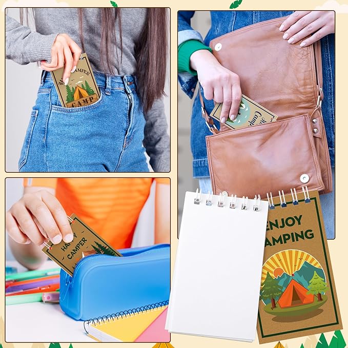 Hooqict 24 Pack Camping Party Favors Notepads Mini Pocket Notebooks Camping Journal Small Spiral Pocket Notepads for Kids Summer Camp Birthday Favors Classroom Office Supplies, 3.9 x 2.4 Inch