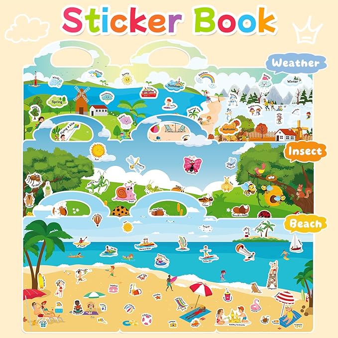 3 Sets Reusable Sticker Book for Toddlers 3-6, Jelly Sticker Books for Toddler, Travel Sticker Activity Toys for Kids 3 4 5 6 Years Old Girls & Boys（Weather + Insect + Beach）