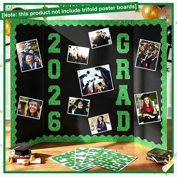 Green 175 Pcs Graduation Photo Display Board Sticker Glitter Border Trim Alphabet Letter Number for 2026 Grad Party Trifold Poster Photo Display Event Displays Bulletin Board