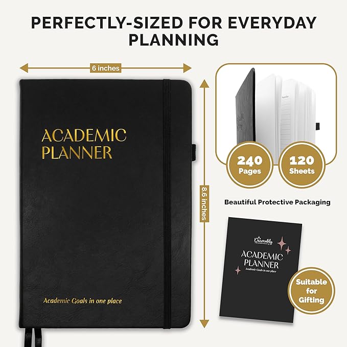 Decorably 240 Pages Gold Foil Monthly & Weekly Undated College Student Planner with Stickers, 6x8.6in Leatherette Hardcover with Goals, Priorities, to-dos, Habit Tracker & Notes - Home, School, Office