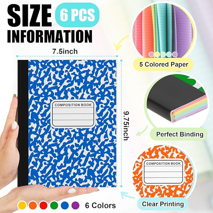 Henoyso 6 Pcs 120 Pages Colored Paper Notebooks 9.75 x 7.5 Bright Colors Lined Paper Notebook Wide Ruled Marble Notebooks Journals Bulk for Office School Supplies(Colored Cover)