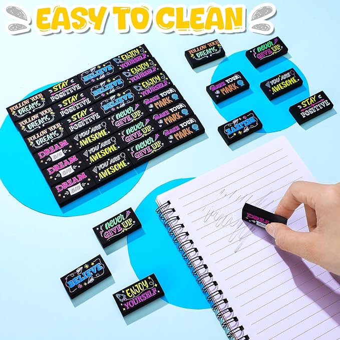 Dunzoom 100 Pcs End of Year Inspirational Pencil Erasers Bulk for Kids Back to School Fun Motivational Eraser School Office Supplies for Students Classroom Office Teacher Artists(Colorful Chalkboard)