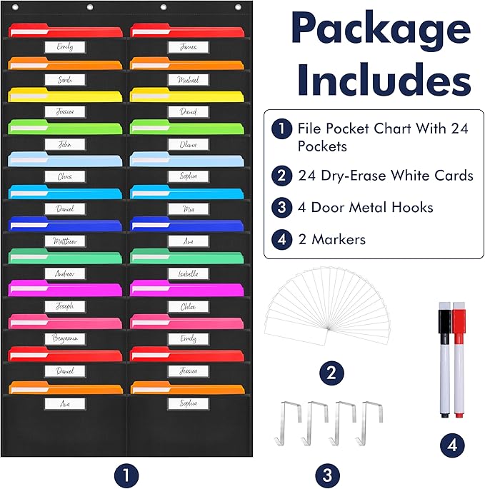 24 Pockets Heavy Duty Storage Chart, Hanging Wall File Organizer, Plus 4 Over Door Metal Hangers, 2 Markers & 24 Erasable Blank Cards, Organize Your Assignments, Files, Scrapbooks Papers (28” x 50.5”)