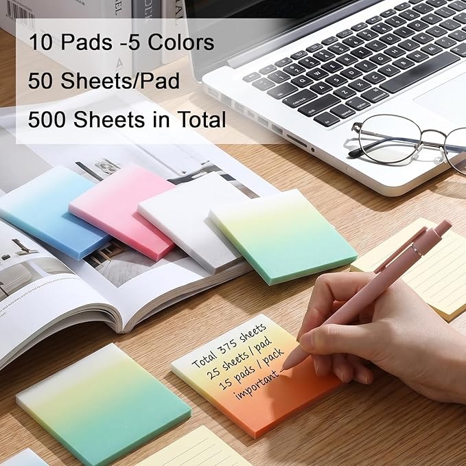500Pcs Transparent Sticky Notes, Glitter Translucent Clear Sticky Notes Tabs Gradient, See Through Note for Office College School Supplies Pads