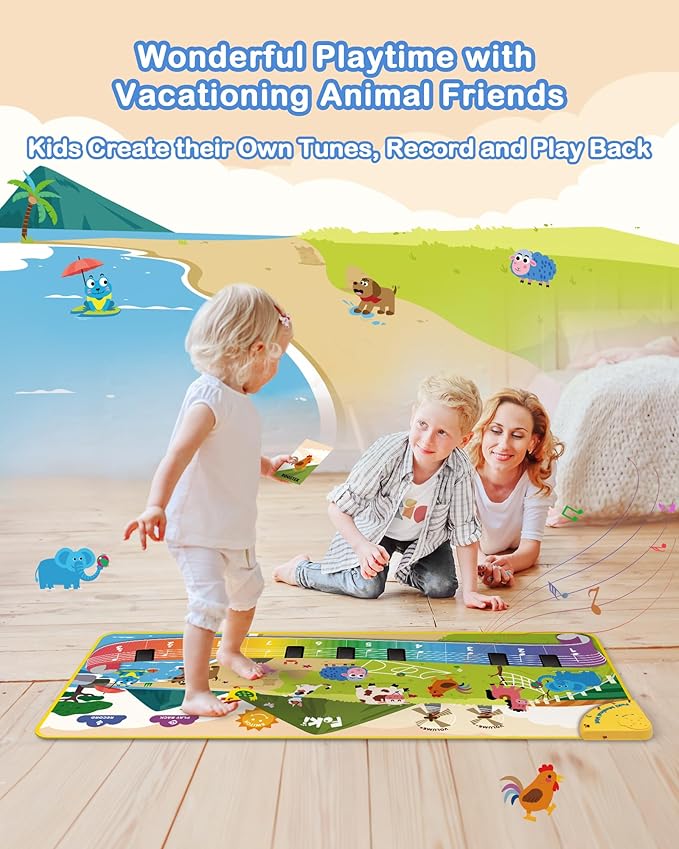 FOKI Toddler Toys Floor Piano Mat with 61 Animal Music Sounds, Baby Kid Sensory Educational Dancing Musical Keyboard Carpet Toy, Record Playback, for 1 to 5 Years Old Boy and Girl