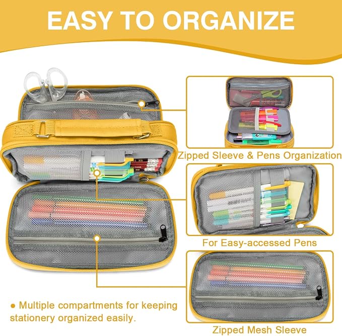 VASCHY Pencil Case, Large Pencil Pouch with Compartments for Middle School,Work,Office Pen Organizer Holder School Supply Yellow
