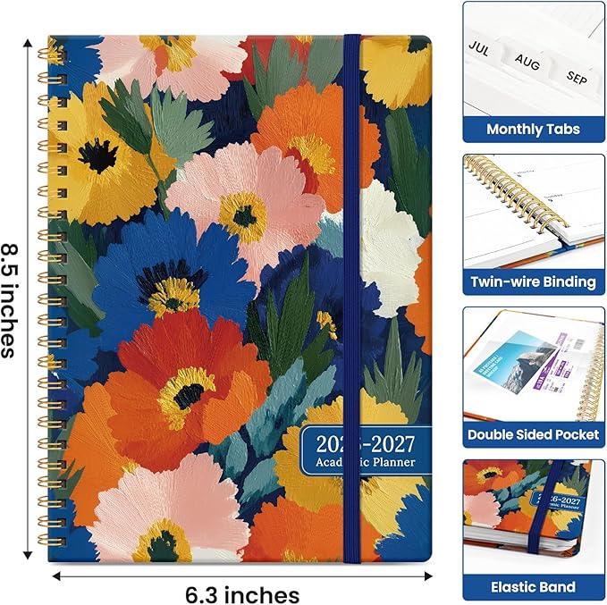 Planner 2026–2027, Academic Monthly Weekly Spiral Calendar, July 2026 – June 2027, Hardcover Agenda Notebook with Tabs, 6.3" x 8.5", Perfect for Students, Teachers, School & Daily Planning - Vivid Petals