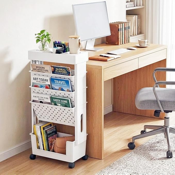 5-Tier Mobile Bookshelf, Rolling Bookcase Book Storage Rack, Movable File Folder Organizer Cart with Wheels for Home Study Office Living Room Classroom, White