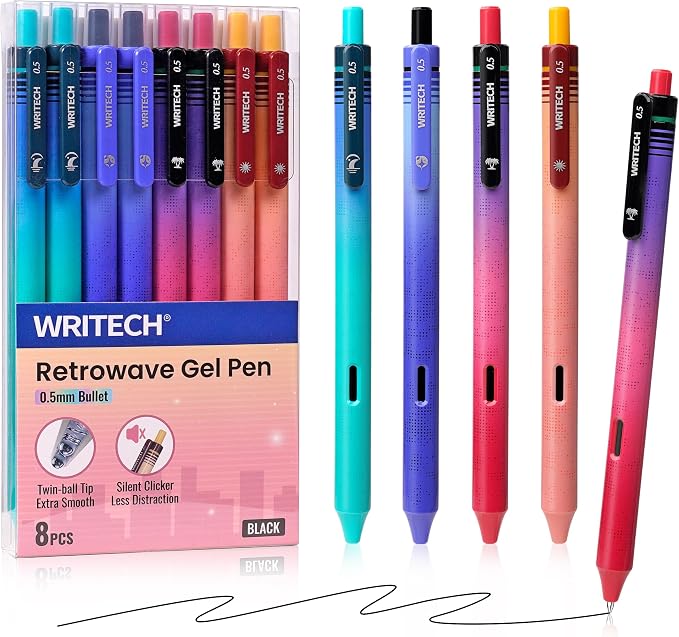 WRITECH Black Ink Gel Pens: Retrowave 0.5mm Fine Point Silent Click 8ct | Smooth Writing Refillable No Bleed Smudge Resistant for Everyday Writing Journaling Planning School Office and Crafting