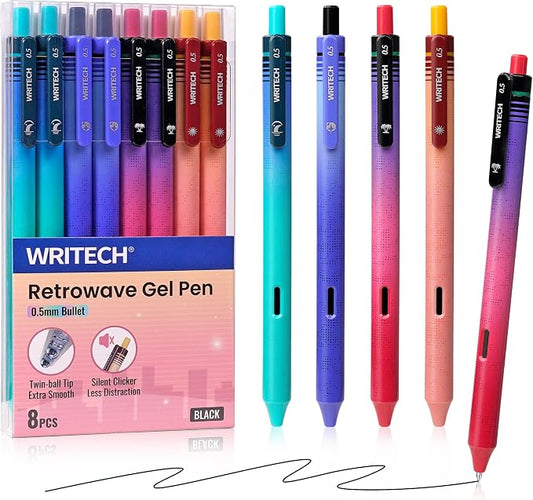 WRITECH Black Ink Gel Pens: Retrowave 0.5mm Fine Point Silent Click 8ct | Smooth Writing Refillable No Bleed Smudge Resistant for Everyday Writing Journaling Planning School Office and Crafting