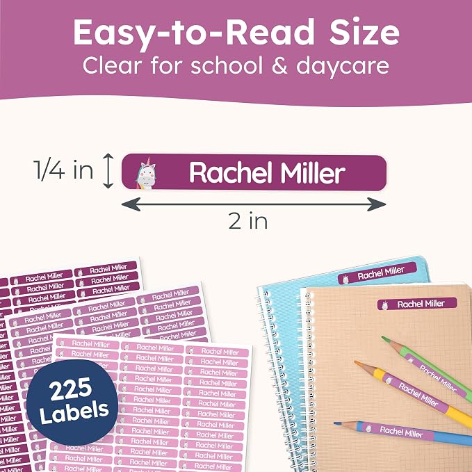 Personalized Kids Name Labels for Pencils Purple [225pcs] - Waterproof Name Stickers for School & Daycare - Pencil Custom Name Stickers - Children Name Stick On Labels for Pens (2.0”x0.3”)