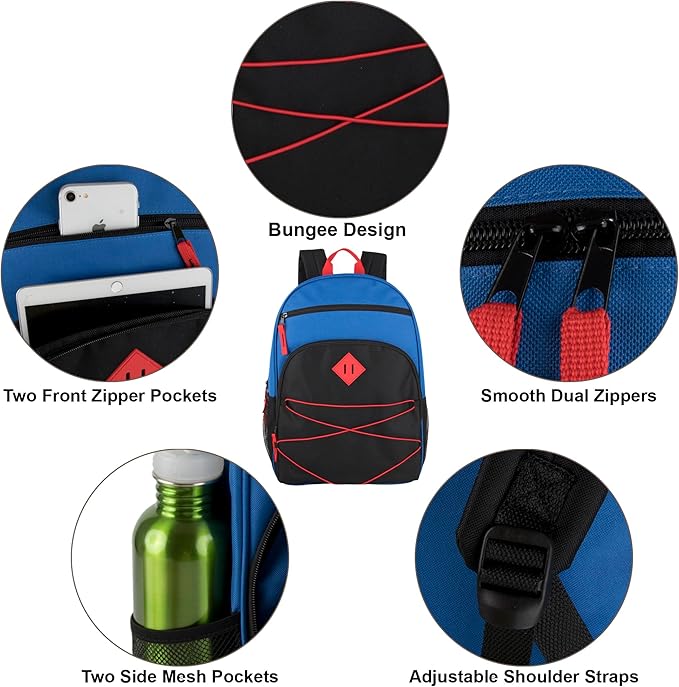 Summit Ridge Backpacks with Bungee Cord Front | 17” Multi Pocket Backpack for Adults, College, Travel (Blue/Black)