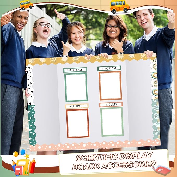 Fuyoooo 90 Pcs Science Fair Board Supplies 60 Trim Scalloped Bulletin Board Borders 24 Presentation Board Subtitles 6 Science Fair Titles for Classroom Display Boards(Geen Boho)