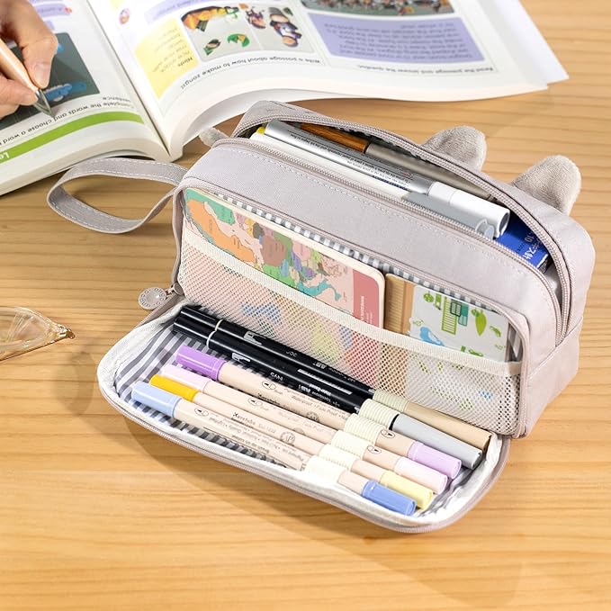 CICIMELON Cartoon Pencil Case, Large Capacity Pen Pouch with Embroidered Animal Design, School Supplies Bag for Kids, Teens, Students (Gray Dog)