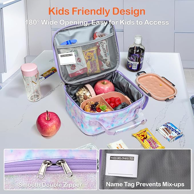 Bagseri Kids Lunch Bag Girls - Thermal Insulated Lunch Box Tote with Water Bottle Holder, Reusable Leak-Proof Kids Lunch Box for Daycare & School, Purple Tie-dye (Containers Not Included)